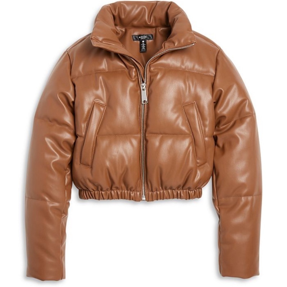 AQUA NWT brown faux leather puffer jacket XS